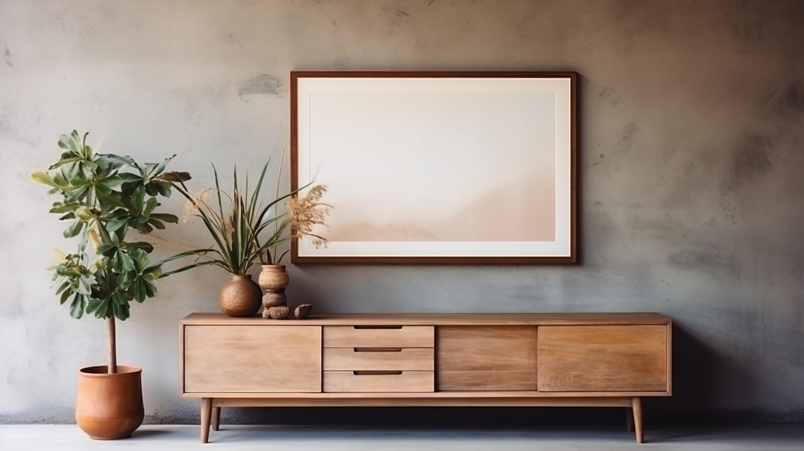 Wooden rustic cabinet near wall with blank poster frame with copy space. Interior design of modern living room.